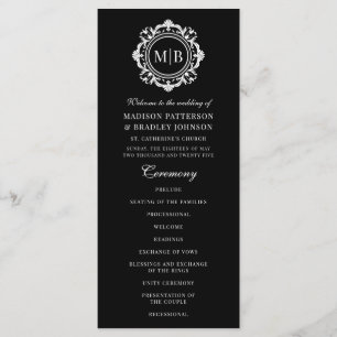 Programa Ornate Floral Monograma Boda Elegante Blanco Negro