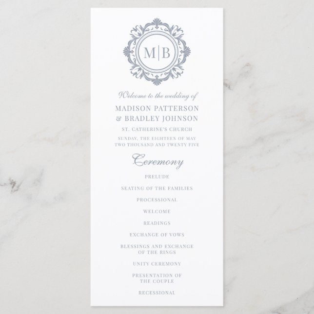 Programa Ornate Floral Monograma Boda Elegante Plata (Anverso)