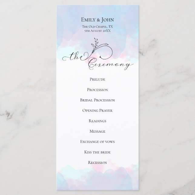 Programa Ornate Leaf Black Script Pastel Watercolor Boda (Anverso)