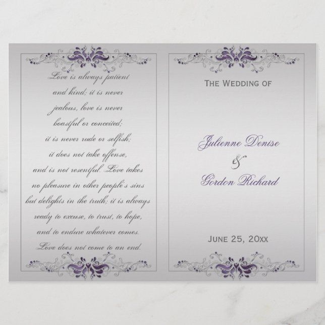 Programa Ornate Purple Silver Floral Swirls Weddin (Anverso)