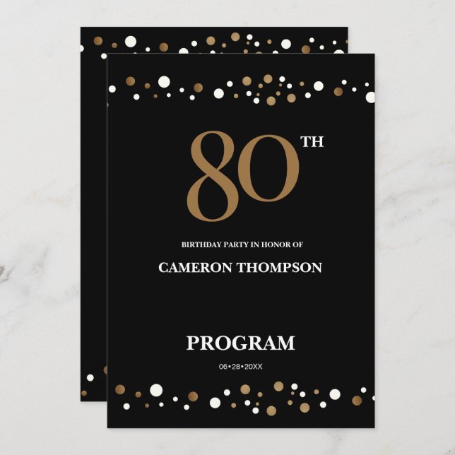 Programa Oro editable y confeti negro 80 cumpleaños (Anverso / Reverso)