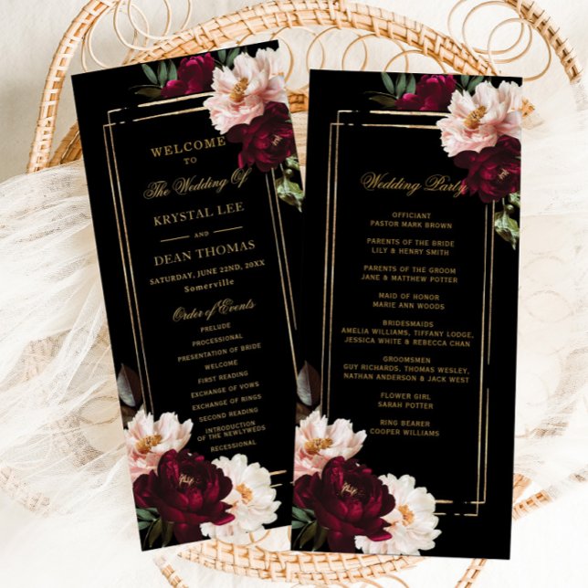 Programa Oscuro Moody Burgundy Rubor Boda floral negro (dark moody decadent burgundy blush pink peonies floral black gold wedding party program slim cards)