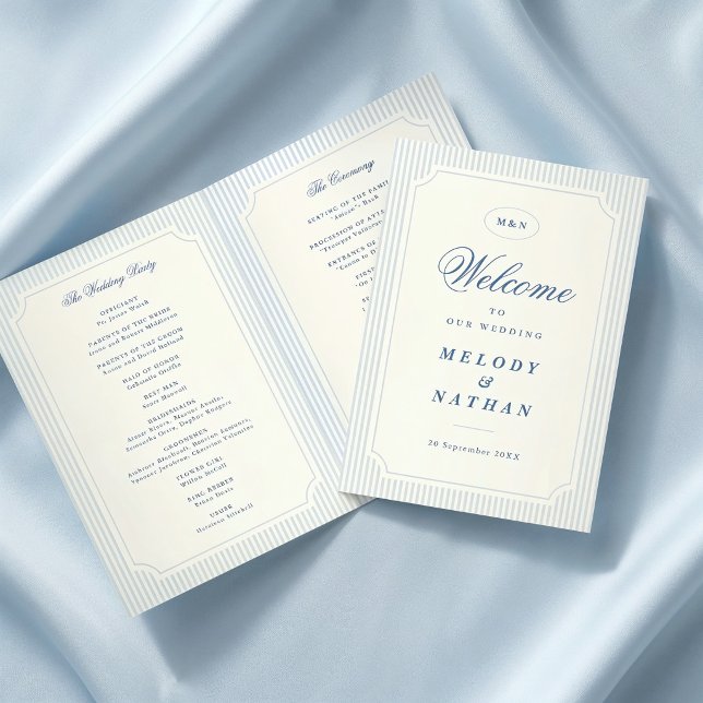 Programa Papel Plegado Clásico de Bodas con Rayas Azules Cl (classic light blue stripes folded wedding paper program)