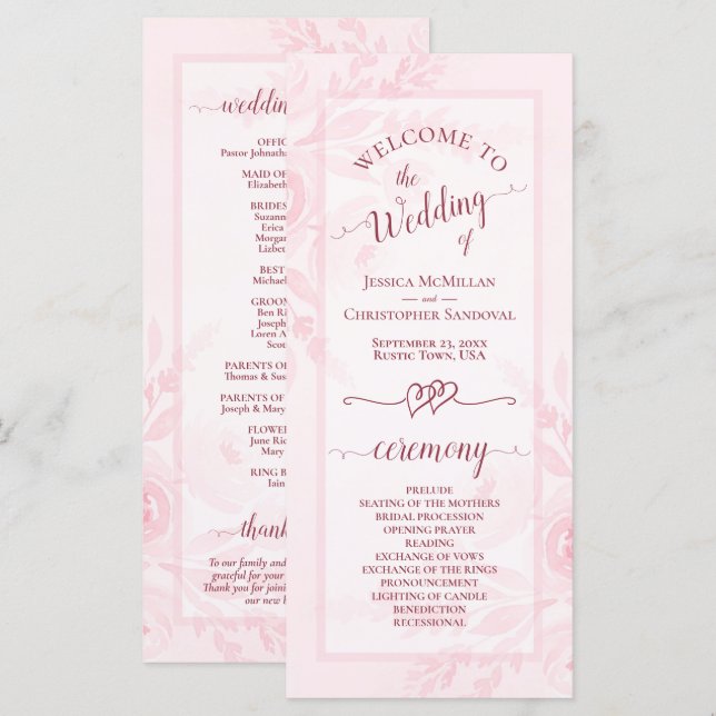 Programa Pastel de Rosa Acuarela Peonías Boda Elegante (Anverso / Reverso)