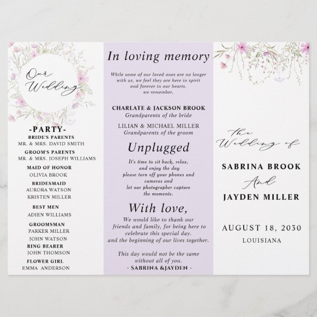 Programa Pastel Shade Pink Wild Floral Wedding (Anverso)