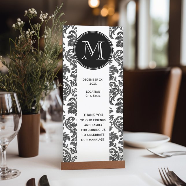 Programa Patrón de Damasco de tablero de cartón blanco y ne (Wedding Program Table Card)