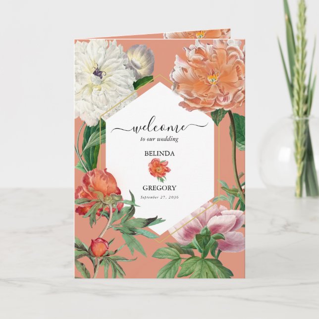 Programa Peach Pink Peonies Boda Orden de servicio (Anverso)