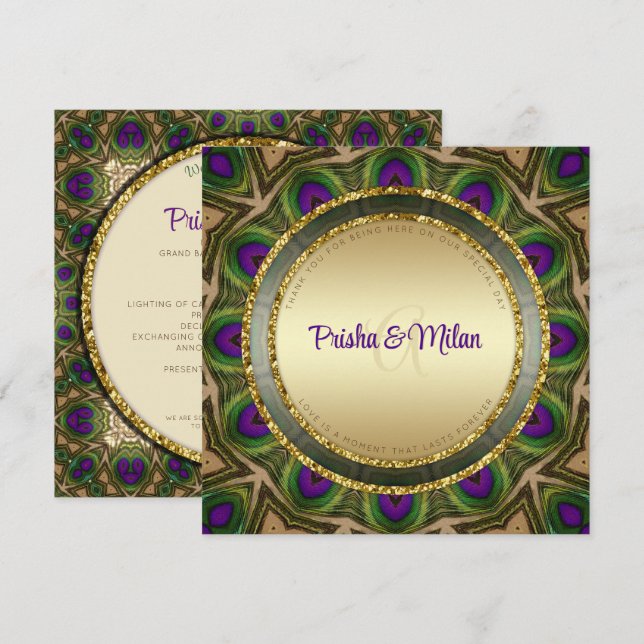 Programa Peacock Feathers Purple Green Gold Indian Boda (Anverso / Reverso)