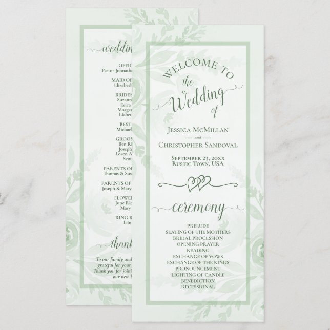 Programa Peonías Acuarela Verde Salvia Elegante Boda Boho (Anverso / Reverso)