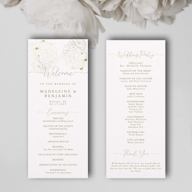 Programa Peony Floral Gold Lace Elegant Wedding (peony wedding ceremony program white and gold elegant modern classic romantic calligraphy feminine)