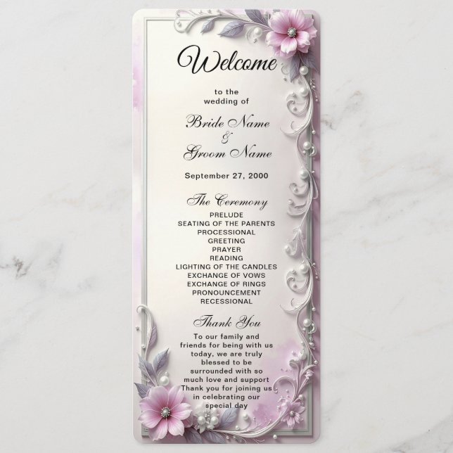 Programa Pink Floral Frame Wedding  (Anverso)