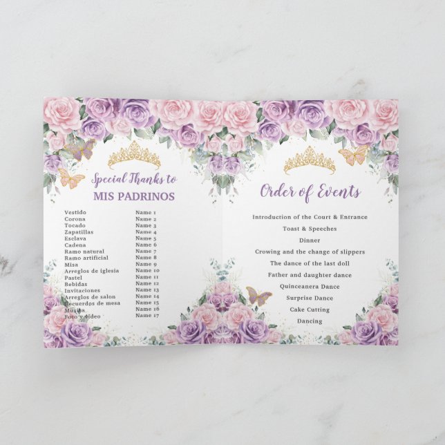 Programa Pink Lilac Floral Quinceañera Orden de eventos (Interior)