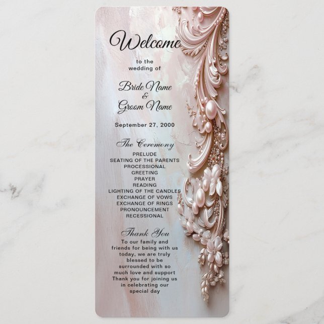 Programa Pink Ornate Pearl and Floral Wedding Program (Anverso)