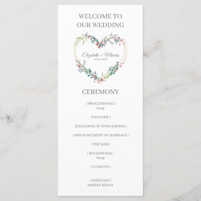 Programa Pink Shades Heart on Wildflowers for Wedding (Anverso)