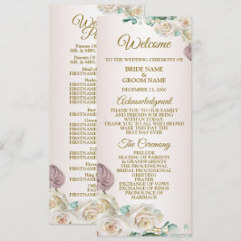 Programa Pink White Rose Watercolor Greenery Golden Wedding