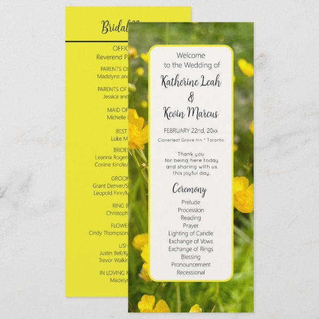 Programa plano de Boda floral amarillo brillante (Anverso / Reverso)