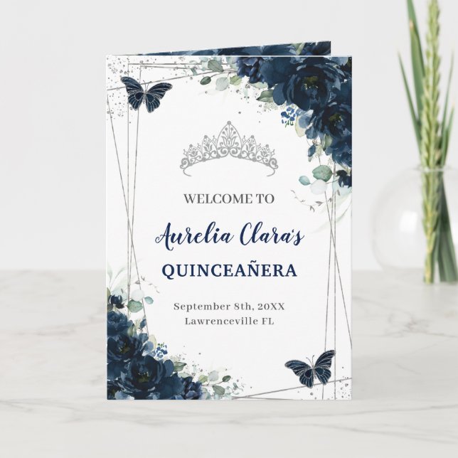 Programa Plata floral azul marina Quinceañera Orden de even (Anverso)