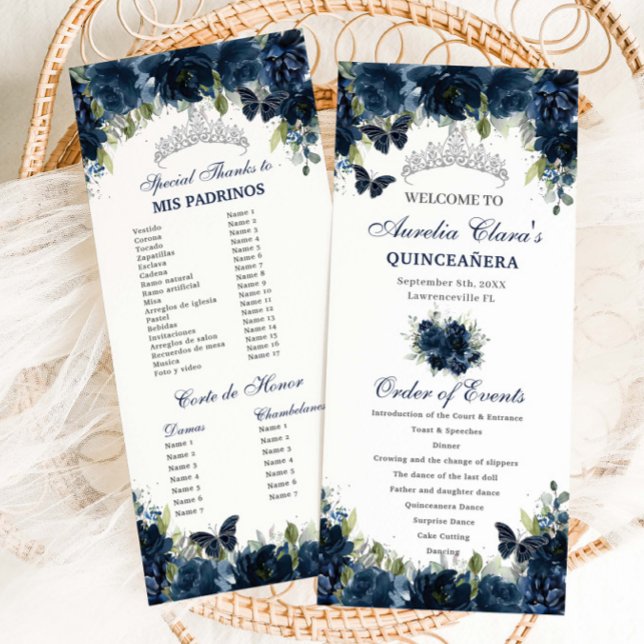Programa Plata floral azul marina Quinceañera Orden de even (navy-blue-floral-silver-butterflies-quinceanera-sweet-16-birthday-slim-program-order-events-cards)