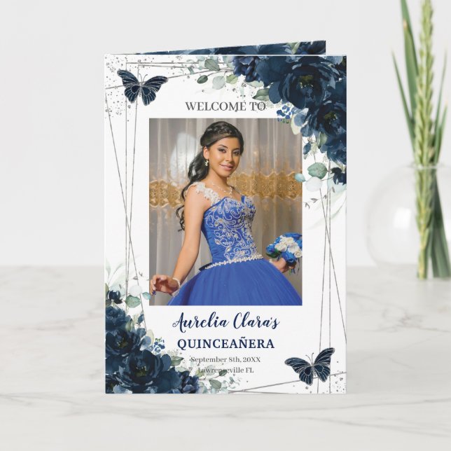 Programa Plata floral azul marina Quinceañera Orden de even (Anverso)