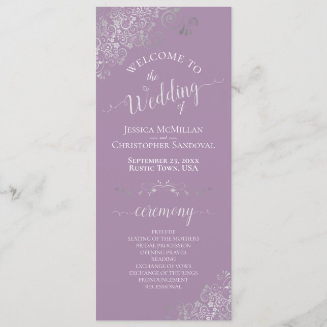 Programa Plata Ornate en Lavender Simple Elegante Boda (Anverso)