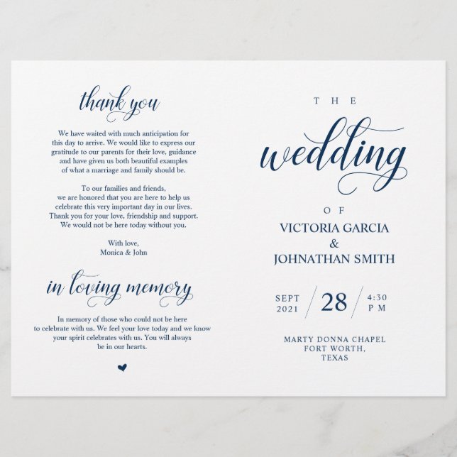 Programa plegable de la ceremonia de Boda azul de  (Anverso)