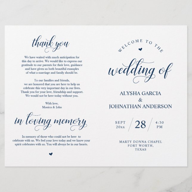 Programa plegable de la ceremonia de Boda elegante (Anverso)