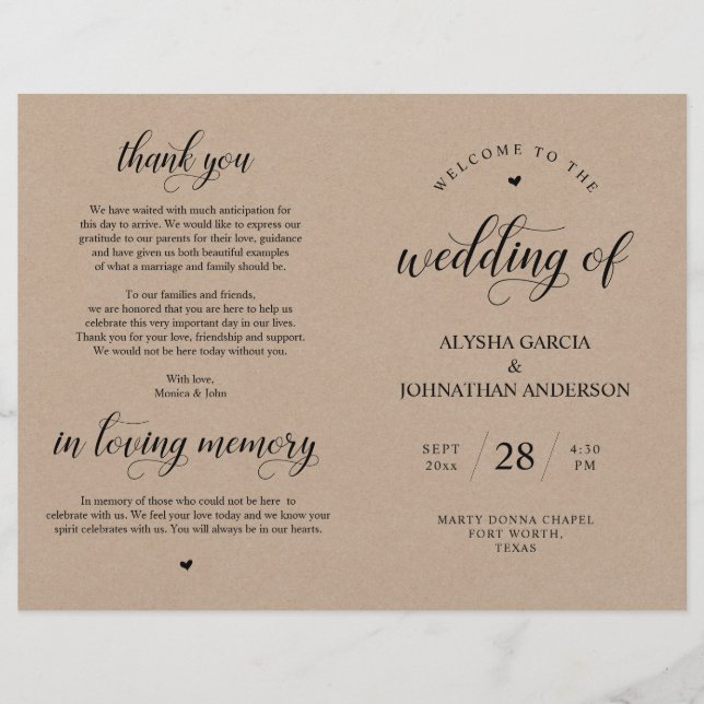 Programa plegable de la ceremonia de Boda elegante (Anverso)