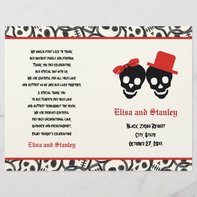 Programa plegado de boda de cráneo rojo y negro de (Anverso)