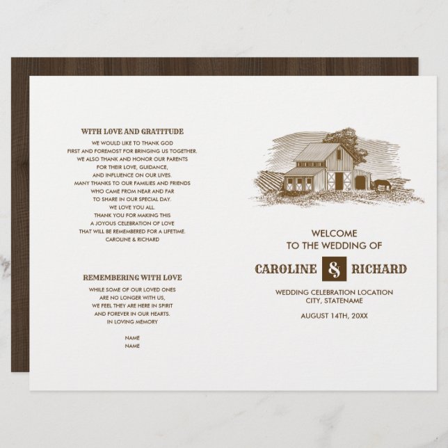 Programa plegado de Boda de madera de granjas rúst (Anverso / Reverso)