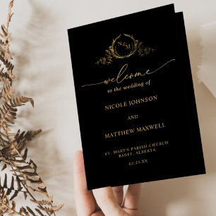 Programa plegado de Boda de monograma negro y dora