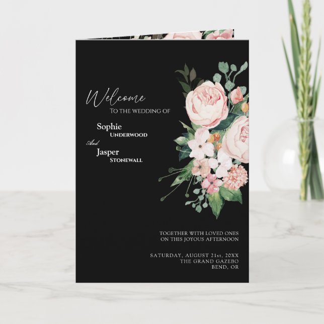 Programa plegado de Boda negro floral de Rubor (Anverso)