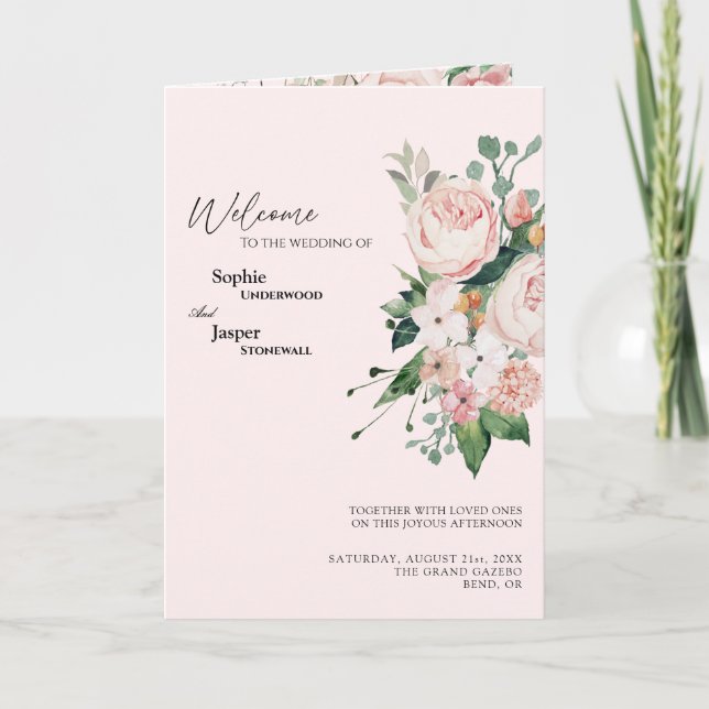 Programa plegado de Boda rosa floral de Rubor (Anverso)