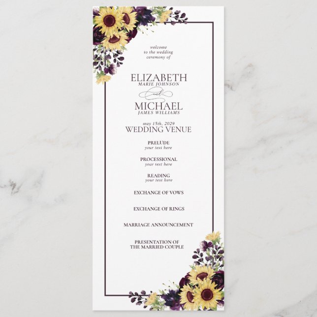 Programa Plum Purple Sunflower Watercolor Boda (Anverso)
