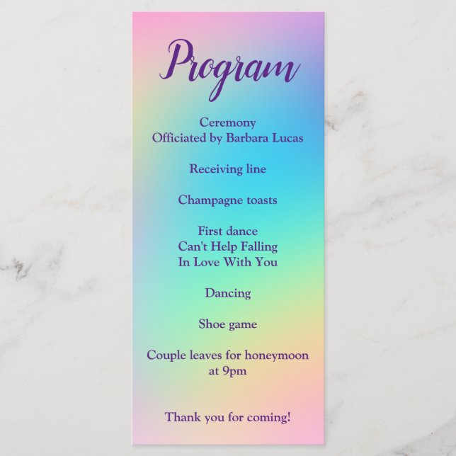 Programa Pretty Pastel Rainbow Gradient Wedding Program (Anverso)