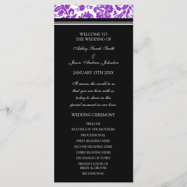 Programa Purple Black Damask Wedding (Anverso)