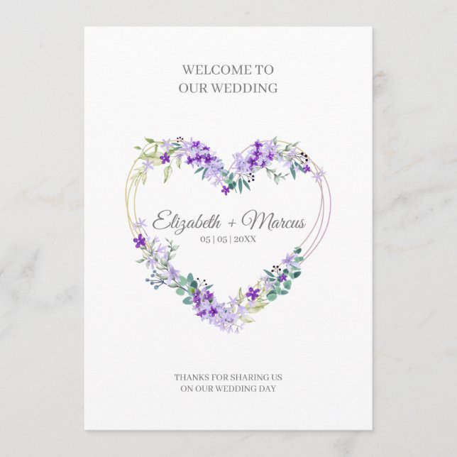 Programa Purple Floral Heart for Wedding Sand Ceremony (Anverso)