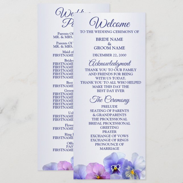Programa Purple Pink Lilac Pansy Floral Rustic Wedding (Anverso / Reverso)