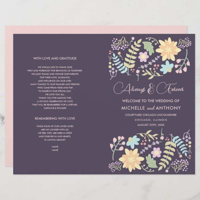 Programa Purple Rubor Pink Modern Floral Wedding (Anverso / Reverso)