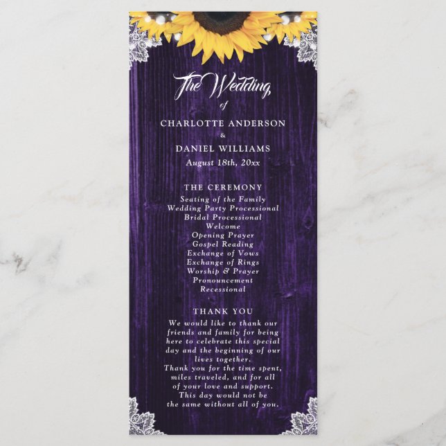 Programa Purple Sunflower Wood Floral Lace Wedding Program (Anverso)
