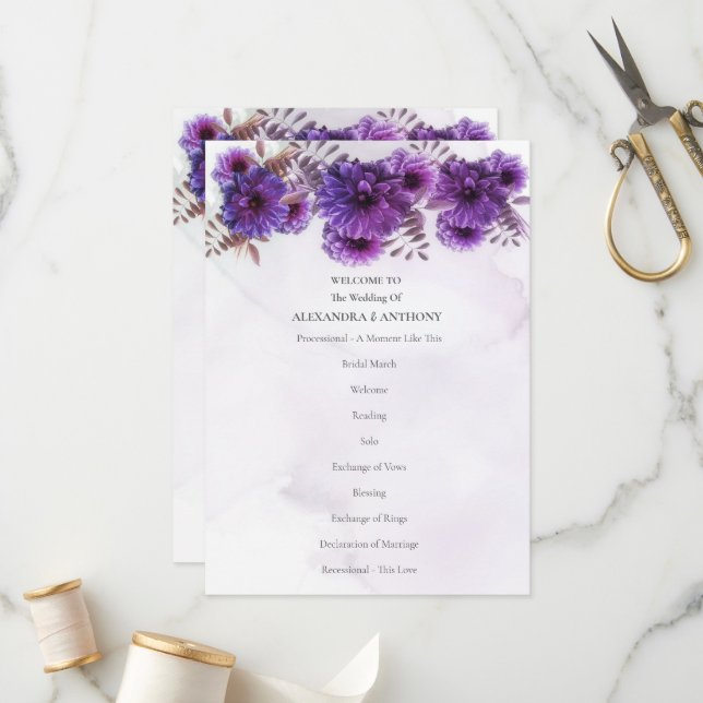 Programa Purple Watercolor Chrysanthemum Wedding (Anverso/Reverso In Situ)