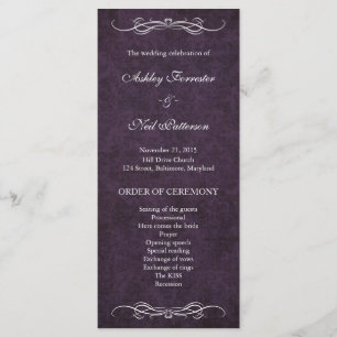 Programa púrpura de la boda del damasco del