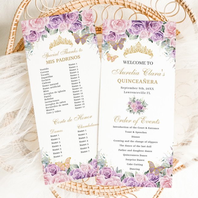 Programa Púrpura Floral Púrpura Quinceañera Orden de evento (purple lilac lavender and pale pink roses floral quinceanera order of events padrinos program cards)