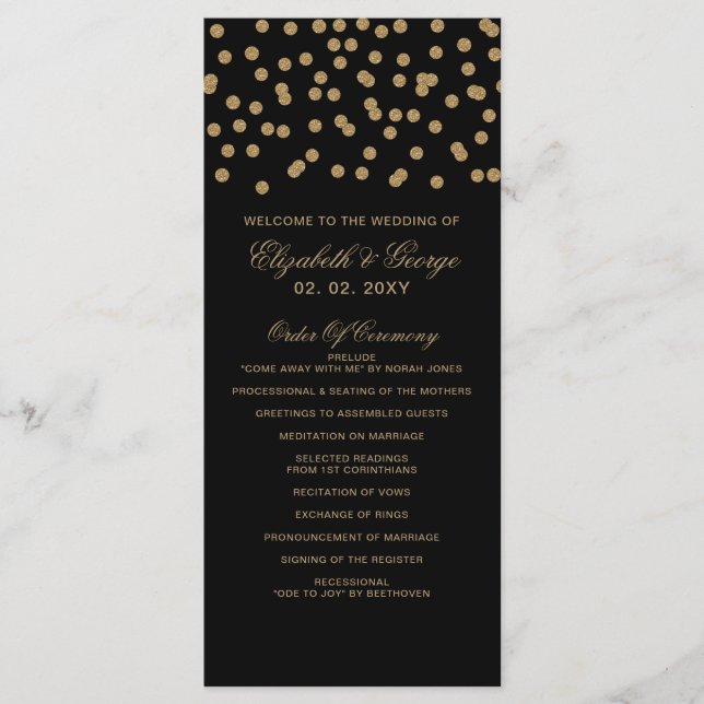 Programa Purpurina de oro negro Confetti elegante boda (Anverso)