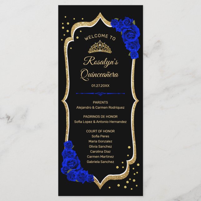 Programa Quinceañera Azul Real Dorado Negro (Anverso)