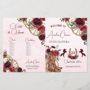Programa Quinceañera Burgundy Red Floral Charro
