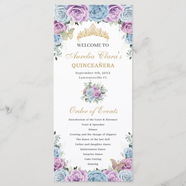 Programa Quinceañera de Floral Morado Azul Bebé Orden de Ev (Anverso)