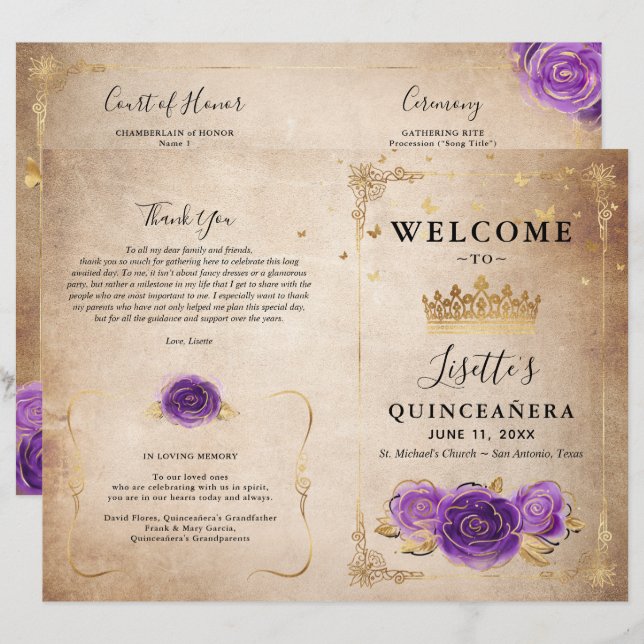 Programa Quinceanera de Lavanda Púrpura y Rosas de (Anverso / Reverso)