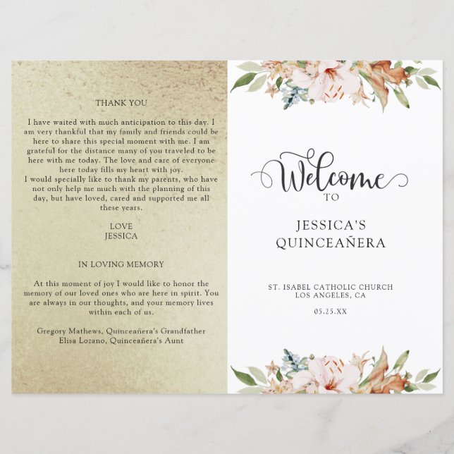 Programa Quinceanera de Oro y Floral Rosa de Champ (Anverso)