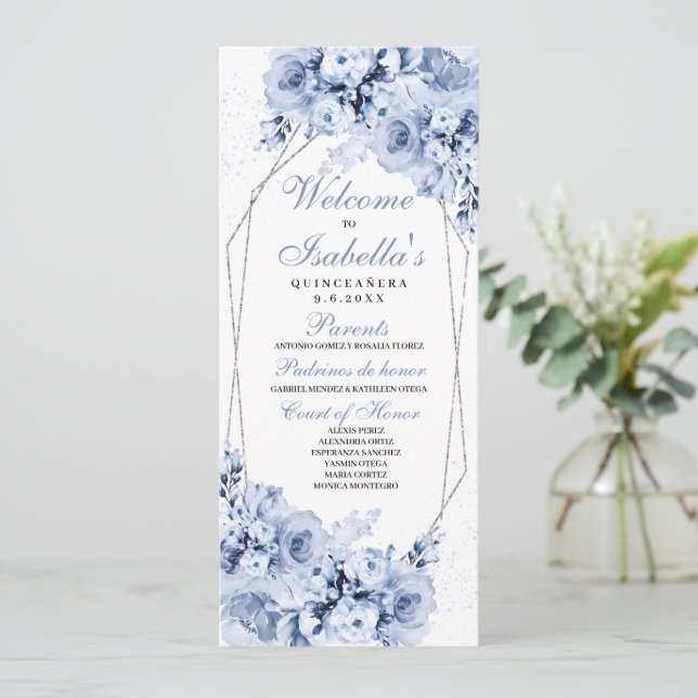 Programa Quinceanera Dusty Blue Floral (Anverso de pie)