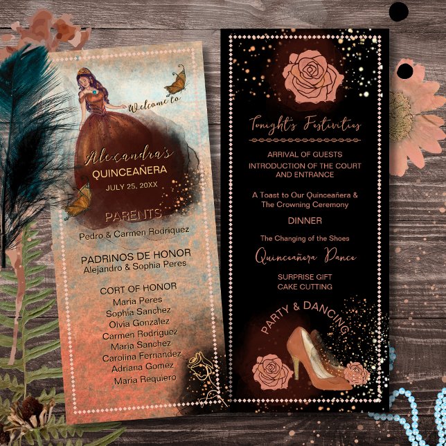Programa Quinceañera ElegaLuxe Cobre Metálico (Elegant Vintage Copper Rose Quinceañera Program)